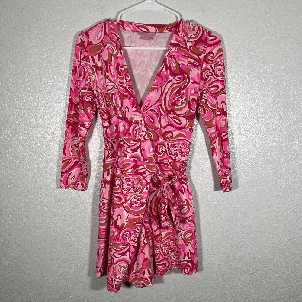 Lilly Pulitzer Karlie Wrap Romper Large Mango Salsa Pink 3/4 Sleeve - Picture 2 of 5